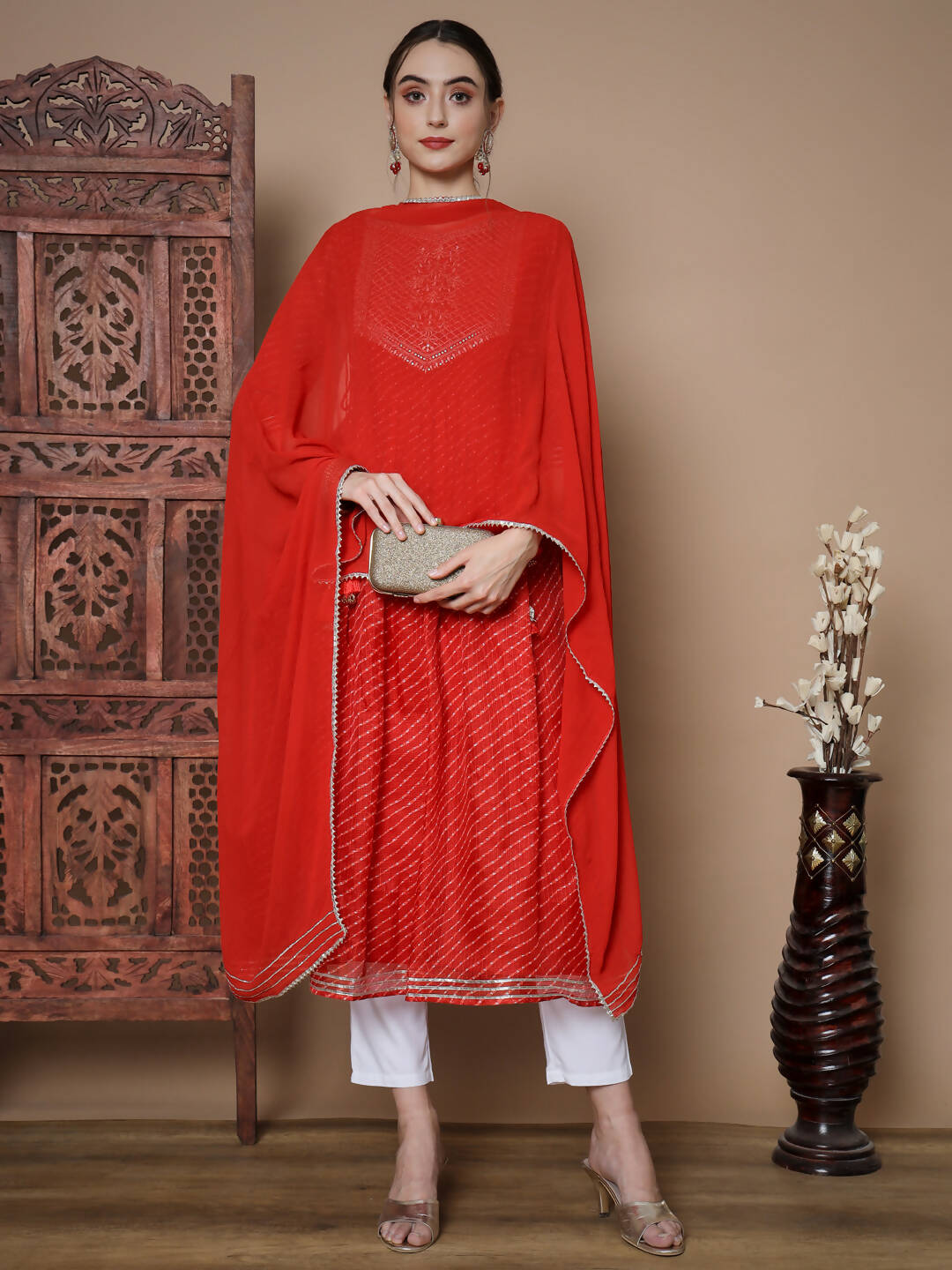 Myshka Women's Red Anarkali Kurta & With Dupatta