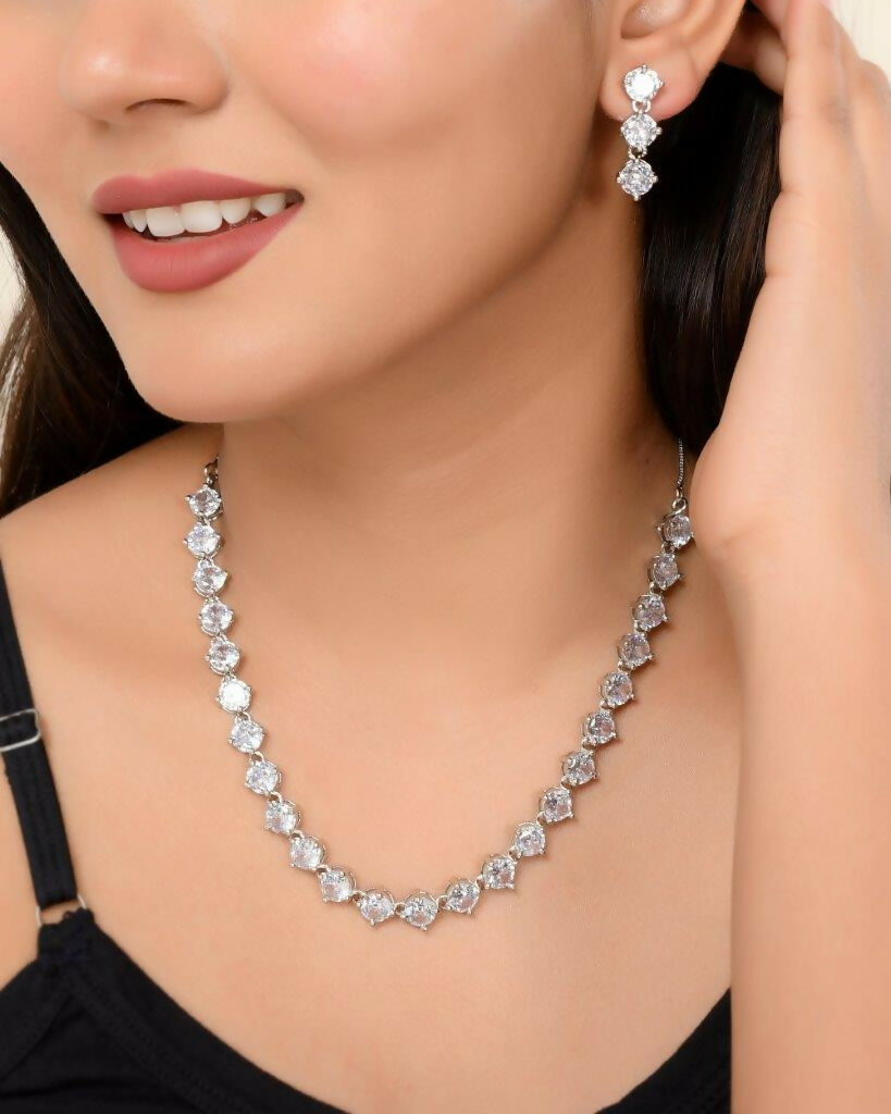 VOJ Silver Plated AD Studded Choker Jewellery Set