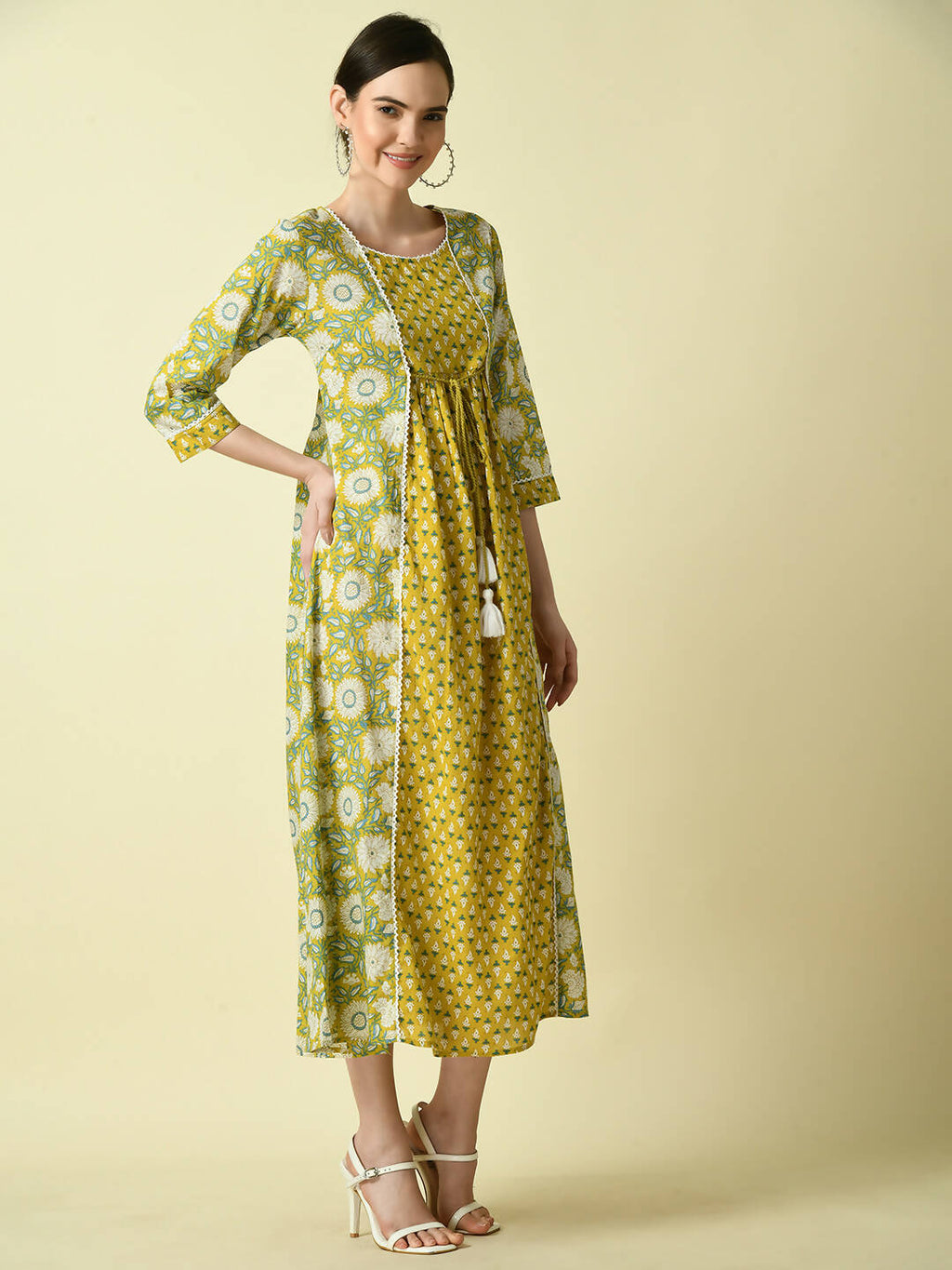 Myshka Women's Yellow Floral Printed Gown Dress - Distacart