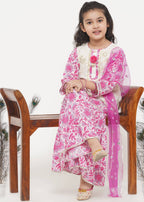 Little Bansi Girls Cotton Embroidery Kurta with Floral Sharara with Dupatta - White & Pink