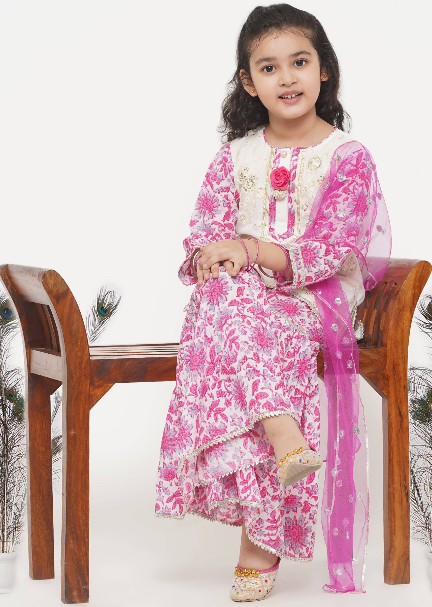 Little Bansi Girls Cotton Embroidery Kurta with Floral Sharara with Dupatta - White & Pink