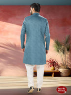 Joban Fashion Men's Blue Straight Imported Tr Self-Design In Fabric Indo-Western Kurta Set