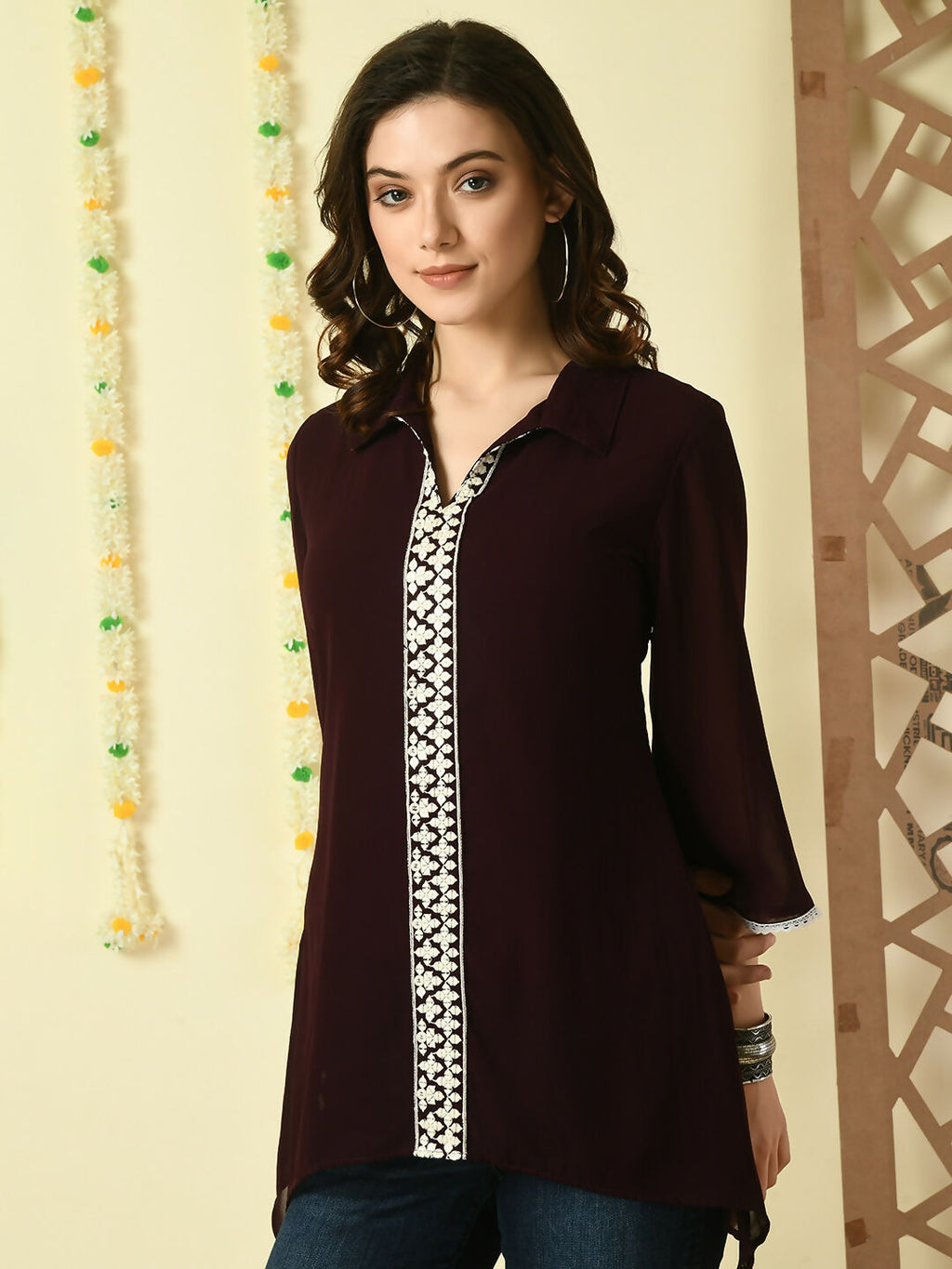 Myshka Women's Coffee Brown Embroidered Party Fusion Top