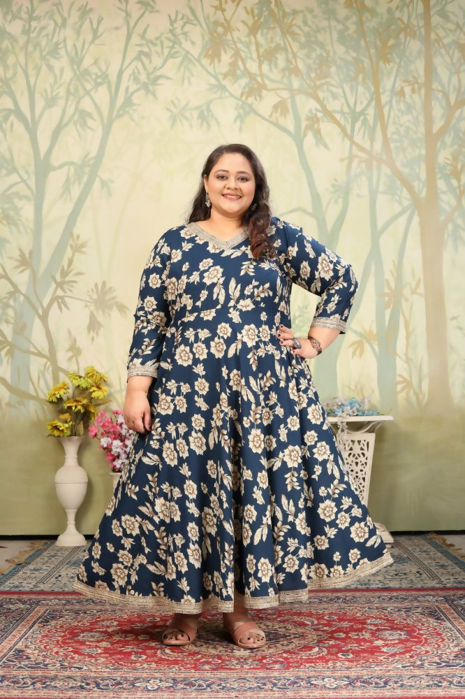 Jyoti Fashion Women's Navy Blue Rayon Floral Print with Sequins Designer Anarkali Set