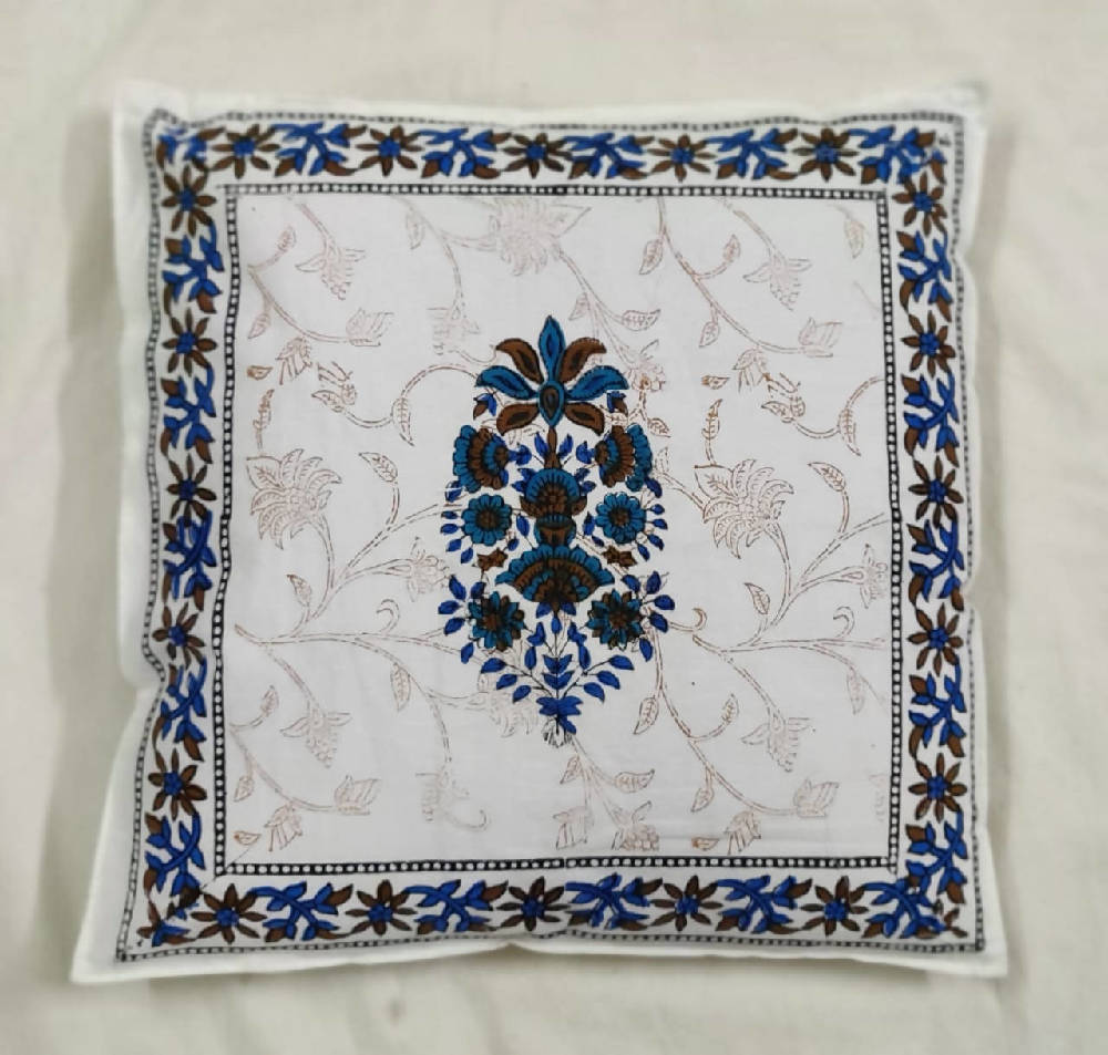 The Decor Nook Blue Floral Print With Blue Brown Border Cushion Cover