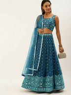 House of Panchhi Teal Net Sequinse Work Lehenga & Blouse, Dupatta