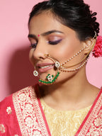 Gold-Plated White Green Kundan-Studded Pearl Beaded Nosepin - Ruby Raang - Distacart