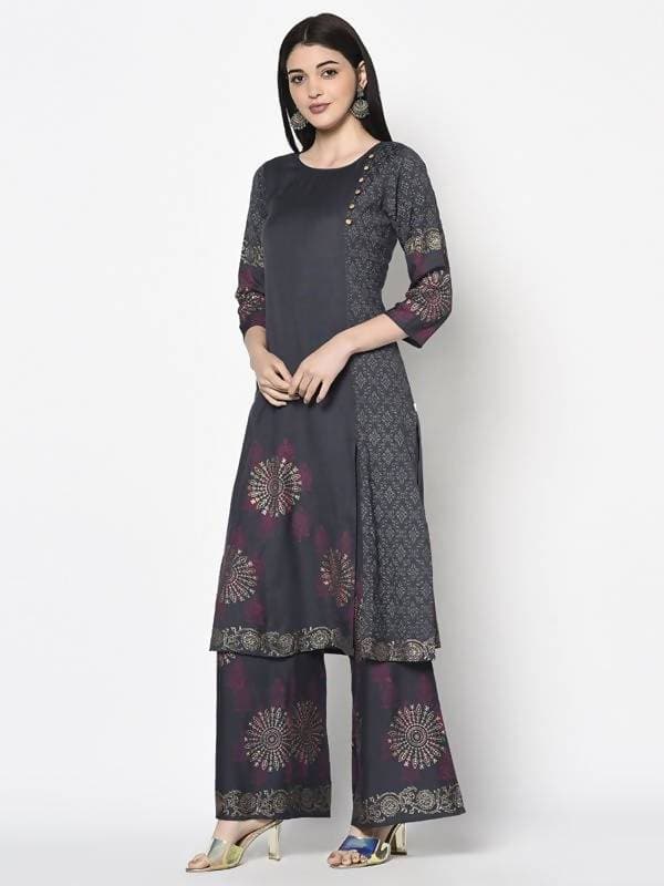 Aniyah Rayon Dark Grey Color Block Print Straight Kurta (AN-203K)