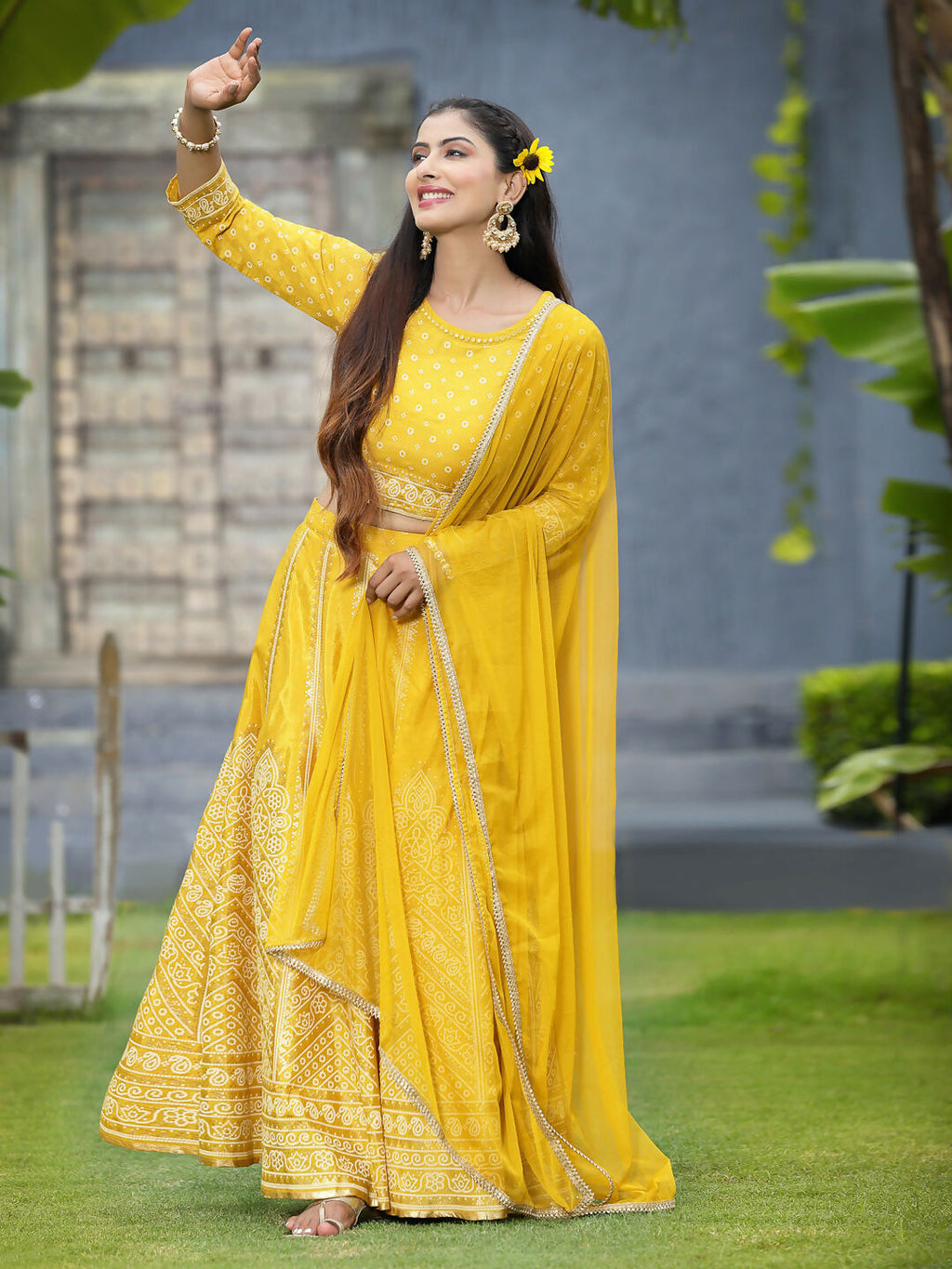 Juniper Mustard Bandhani Printed Shantoon Slub Lehenga Choli & Net Dupatta Set.