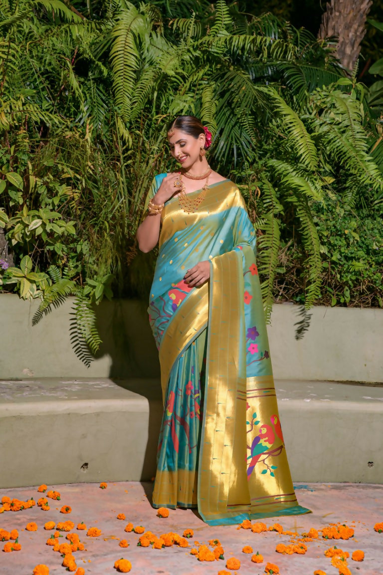 Jyoti Fashion Women's Firozi Paithani Silk Zari Woven Saree with Blouse