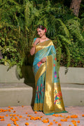Jyoti Fashion Women's Firozi Paithani Silk Zari Woven Saree with Blouse