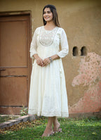 Kaajh Women's White Floral Embroidered Cotton Ethnic Dress - Distacart