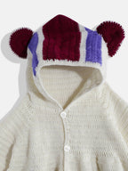Chutput Kids Woollen Hand Knitted Full Sleeves Self Desgin Hoodie Dress For Baby Girls - Cream
