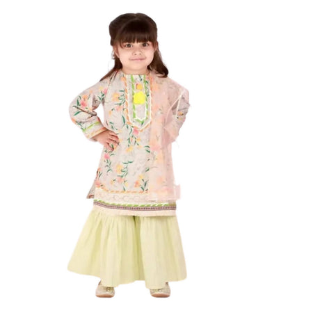 Little Bansi Girls Green Color Floral and lace Work Kurta with Sharara and Dupatta