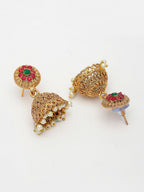 NVR Women's Set Of 2 Green & Red Stone Studded & Beaded Gold-Polished Temple Jewellery Set