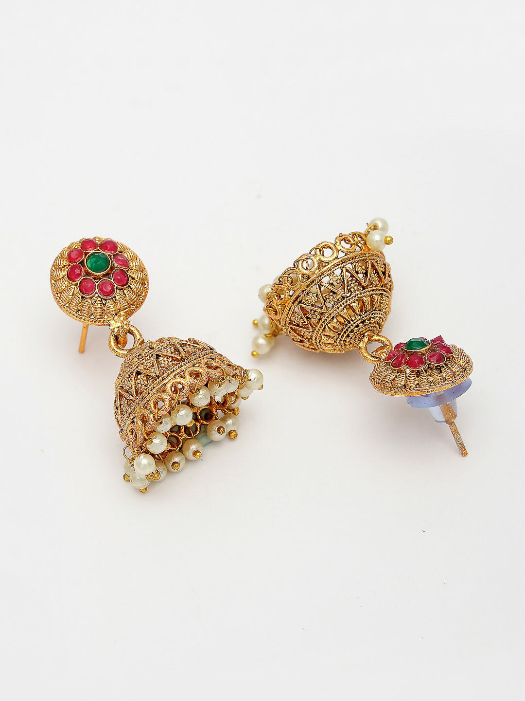NVR Women's Set Of 2 Green & Red Stone Studded & Beaded Gold-Polished Temple Jewellery Set