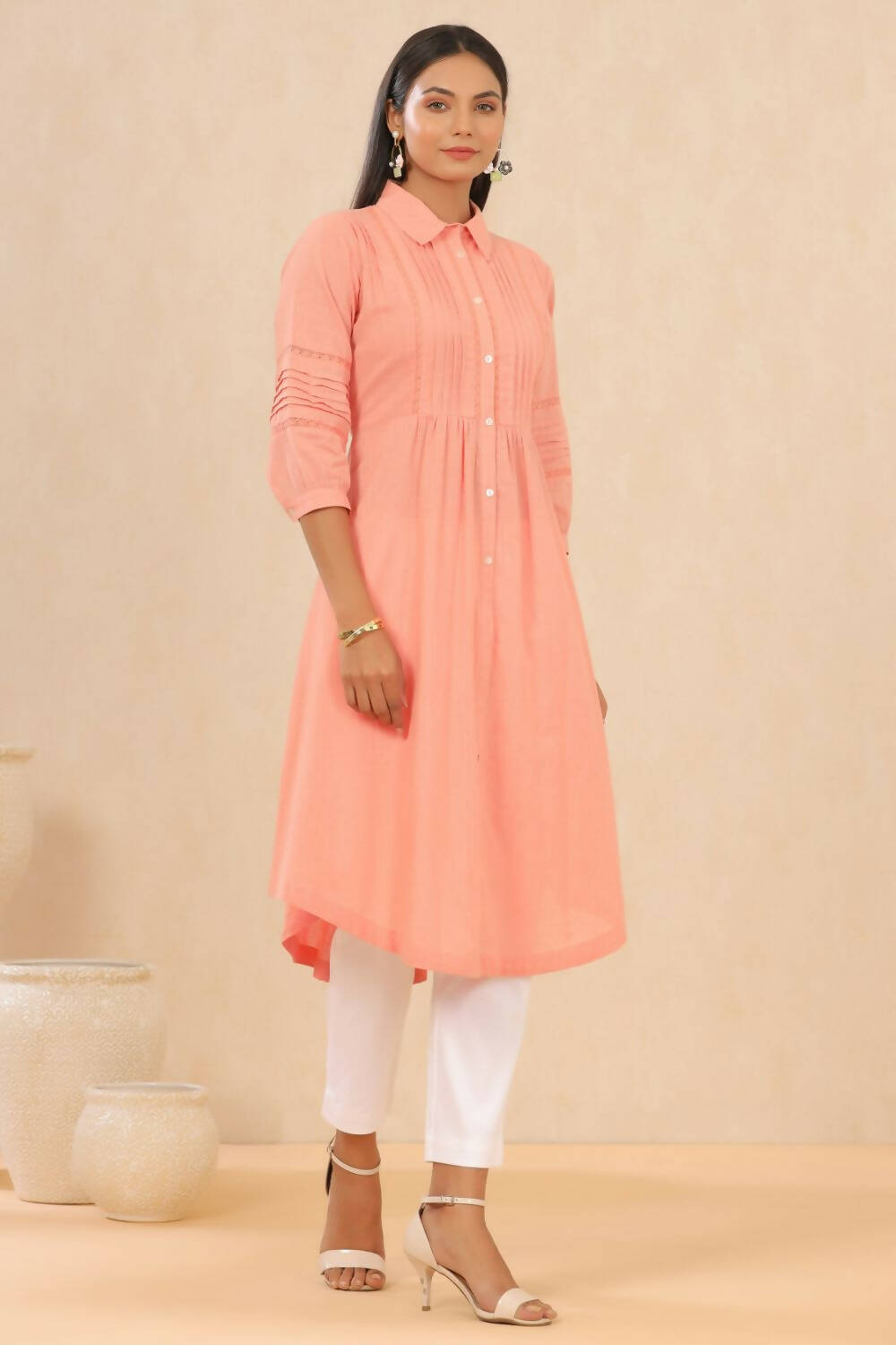 Juniper Womens Blush Pink Cotton Slub Solid Mid Length Shirt Dress With Lace Detailing - Distacart