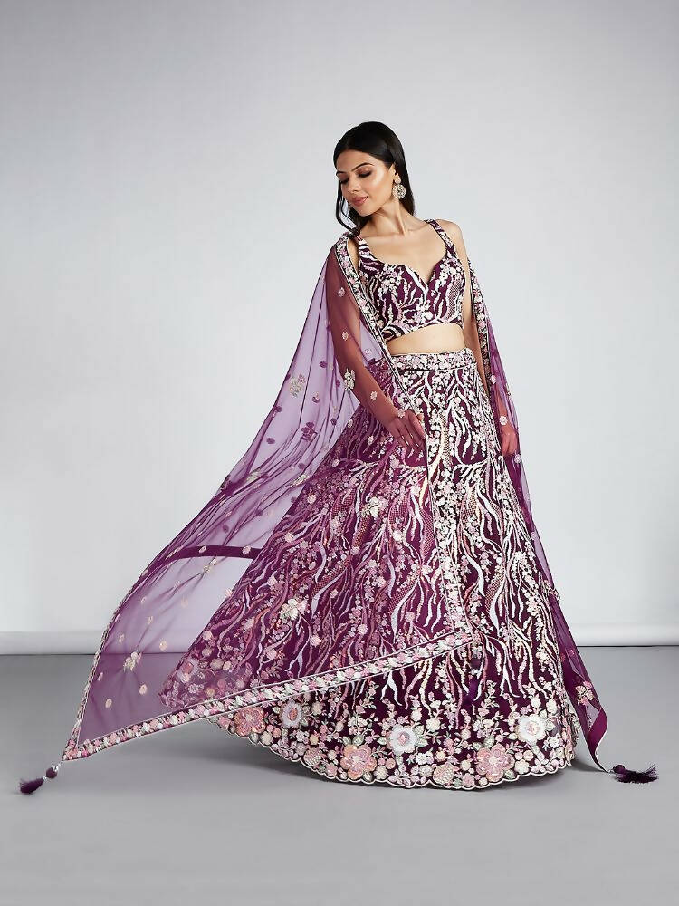 House of Panchhi Burgundy Net Sequins And Thread Embroidery Lehenga Choli & Dupatta