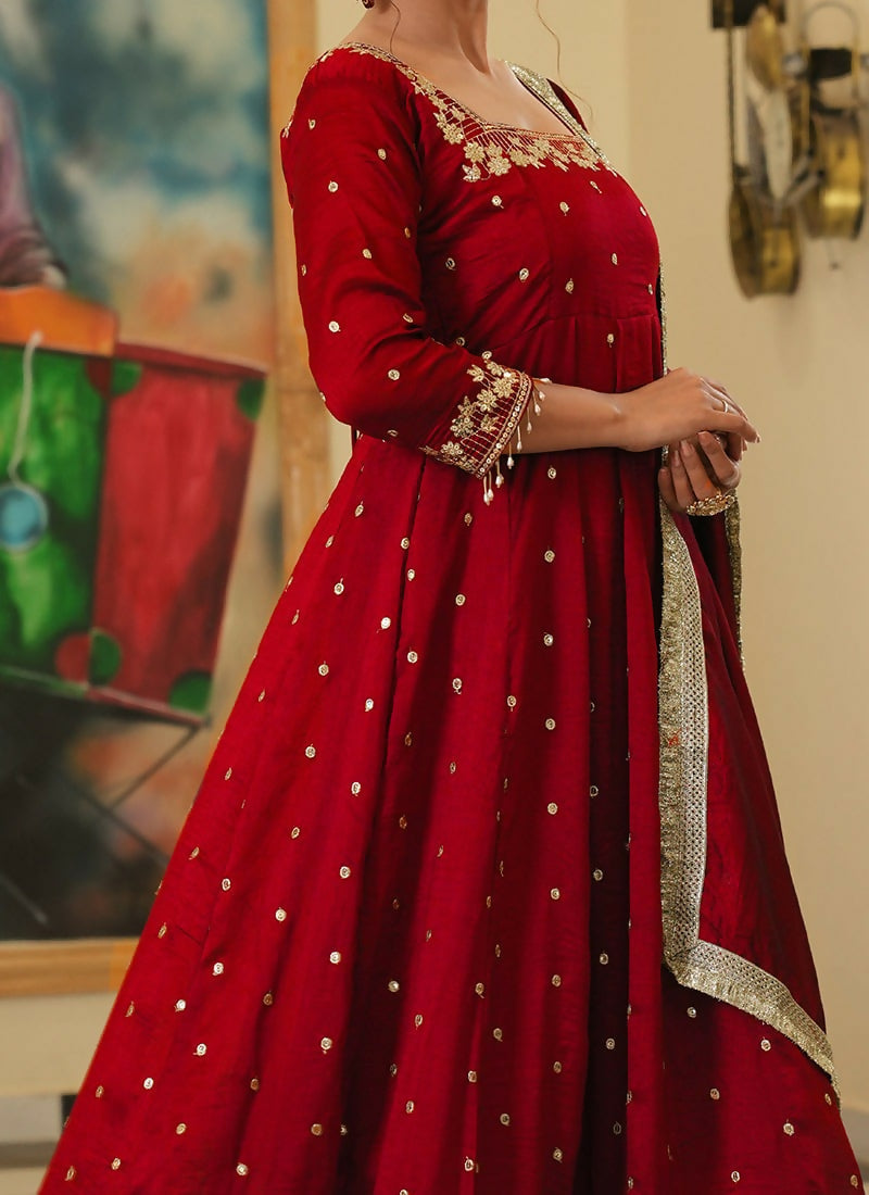 Teeya Creation Red Color Pure Vichitra Silk Embroidery Work Party Wear Gown - Distacart