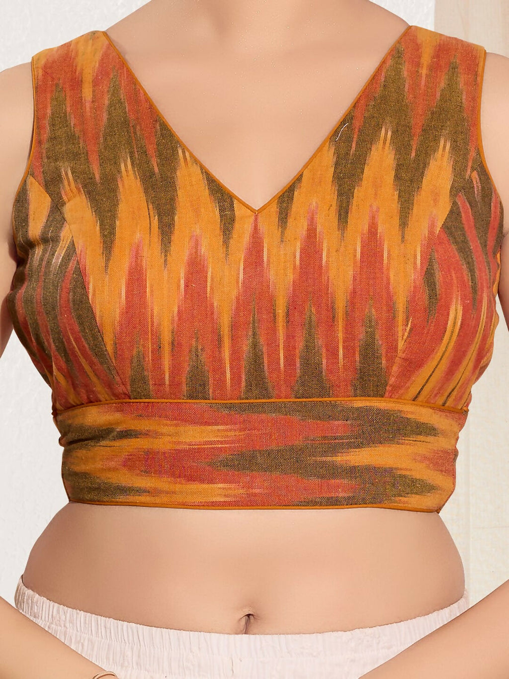 Joban Fashion Mustard Ikat Silk Padded Blouse With V Neck Sleeveless - Distacart