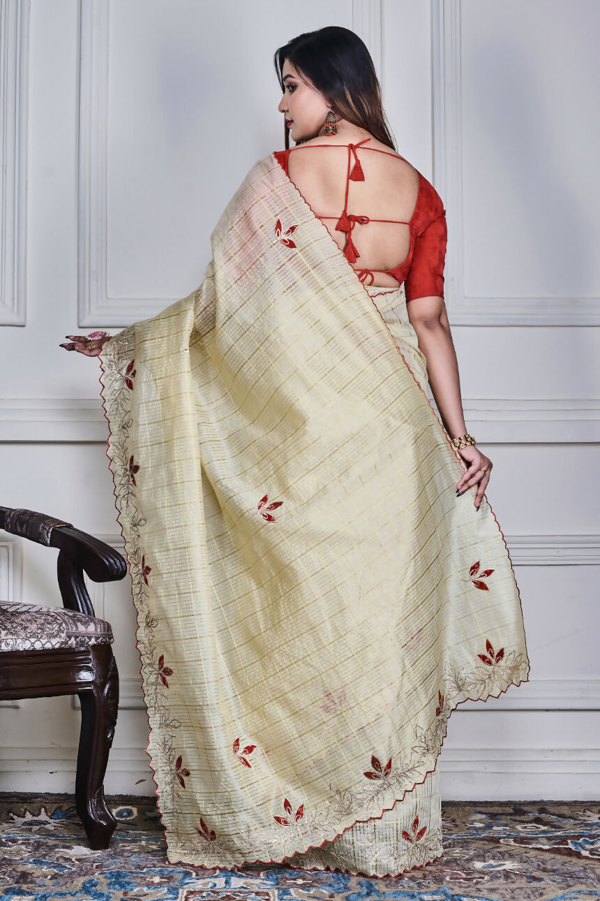 Morchari Beige Kota Check Zari Embroidery Saree Unstitched Blouse - Distacart