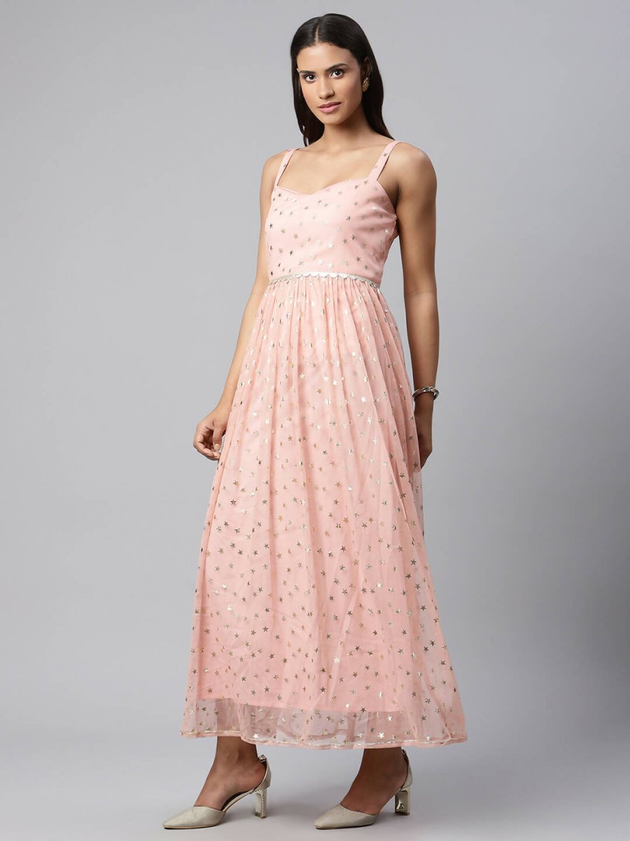 Ahalyaa Women Pink Net Gold Foil Print Dress - Distacart