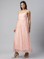 Ahalyaa Women Pink Net Gold Foil Print Dress - Distacart