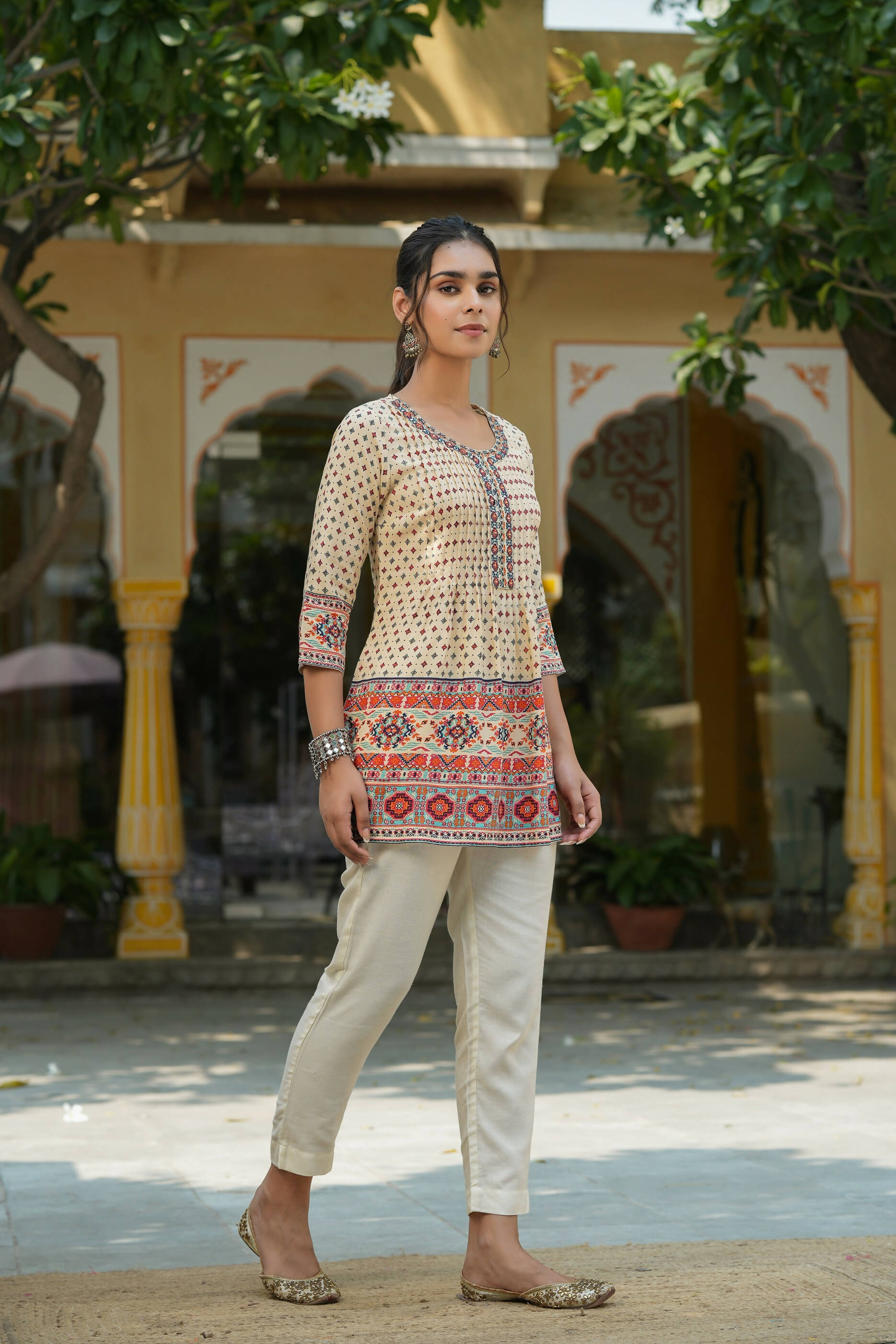 Juniper Women's Beige Rayon Printed Embroidered Tunic - Distacart
