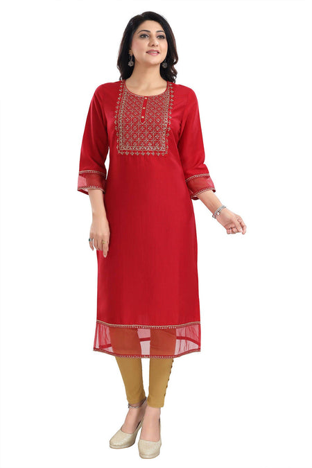Snehal Creations Mighty Red Art Silk Designer Long Kurti Tunic With Zari Embroidery