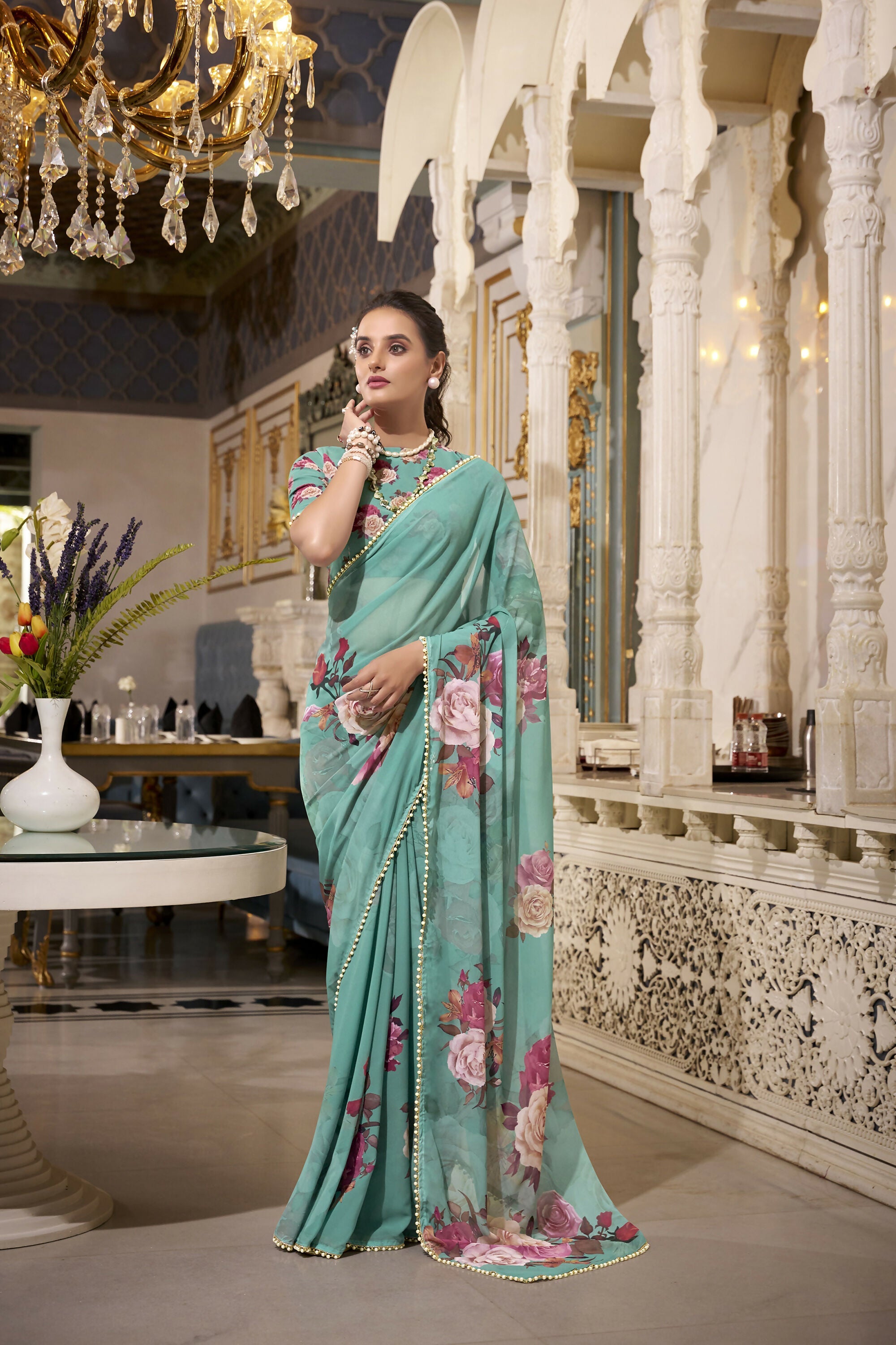 Vastranavya Green Spectacular Georgette Printed with Pearl Lace Saree with Unstitched Blouse - Distacart