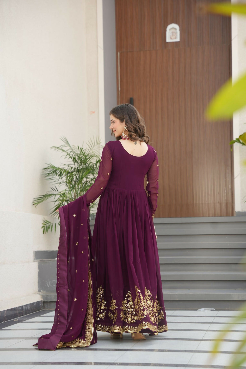 Joban Fashion Wine Georgette Sequence Embroidery Work Kurta Set - Distacart