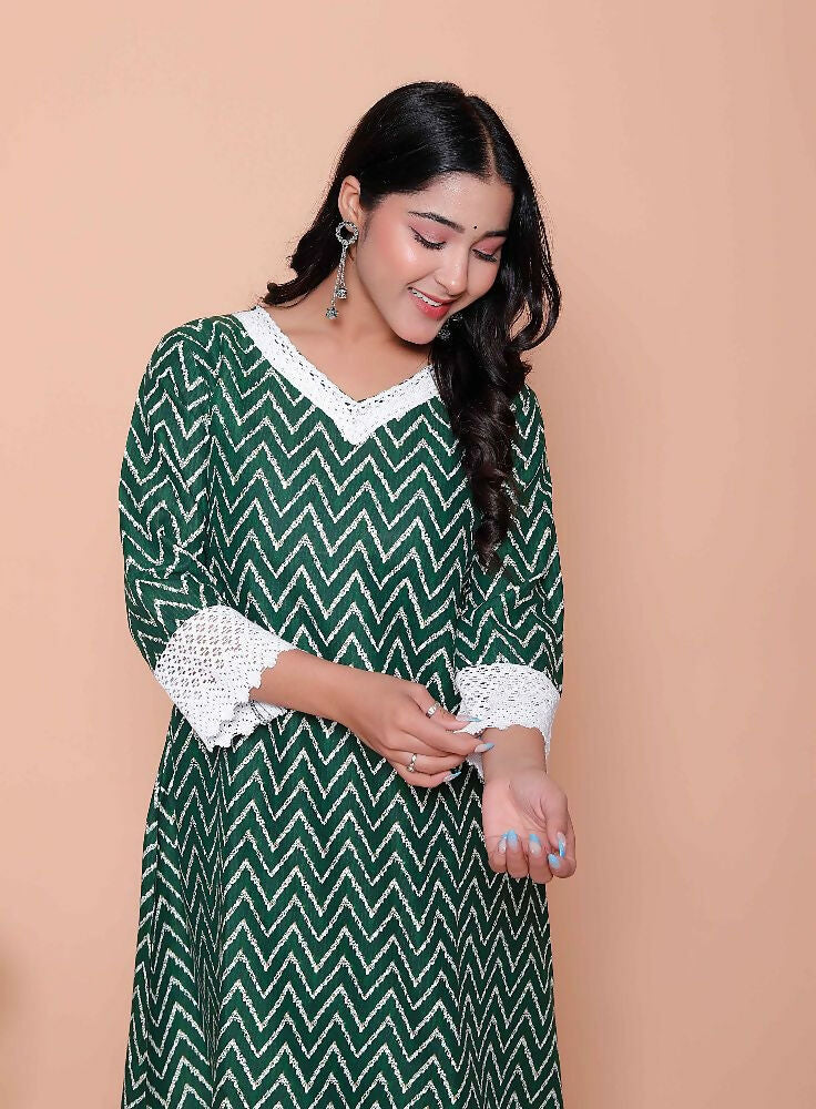 Miravan Womens Green Rayon Zigzag Print Kurta With Palazzo Set - Distacart