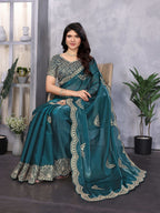 Vastranavya Teal Embroidery Work Shimmer Chiffon Saree with Unstitched Blouse - Distacart