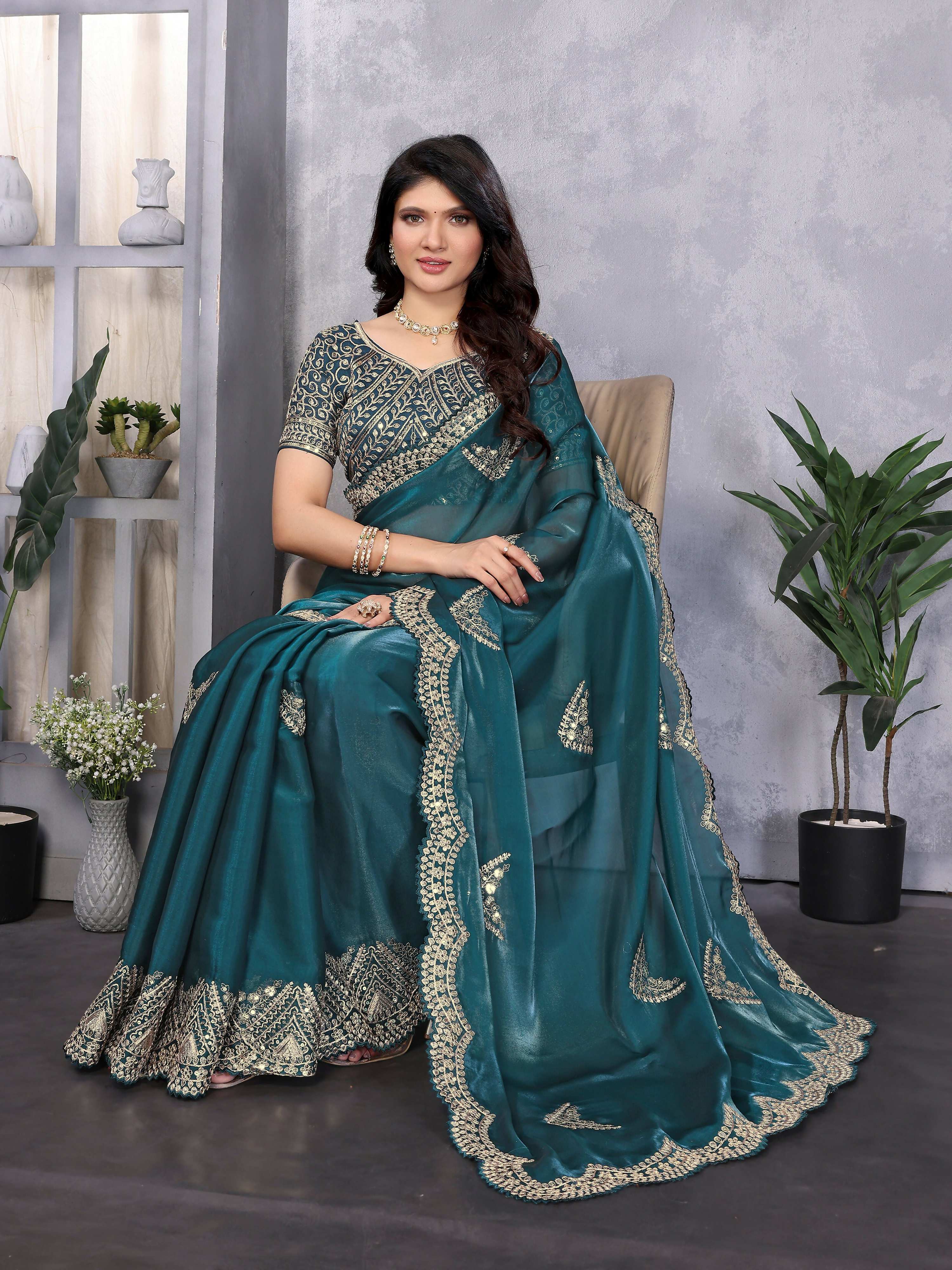 Vastranavya Teal Embroidery Work Shimmer Chiffon Saree with Unstitched Blouse - Distacart