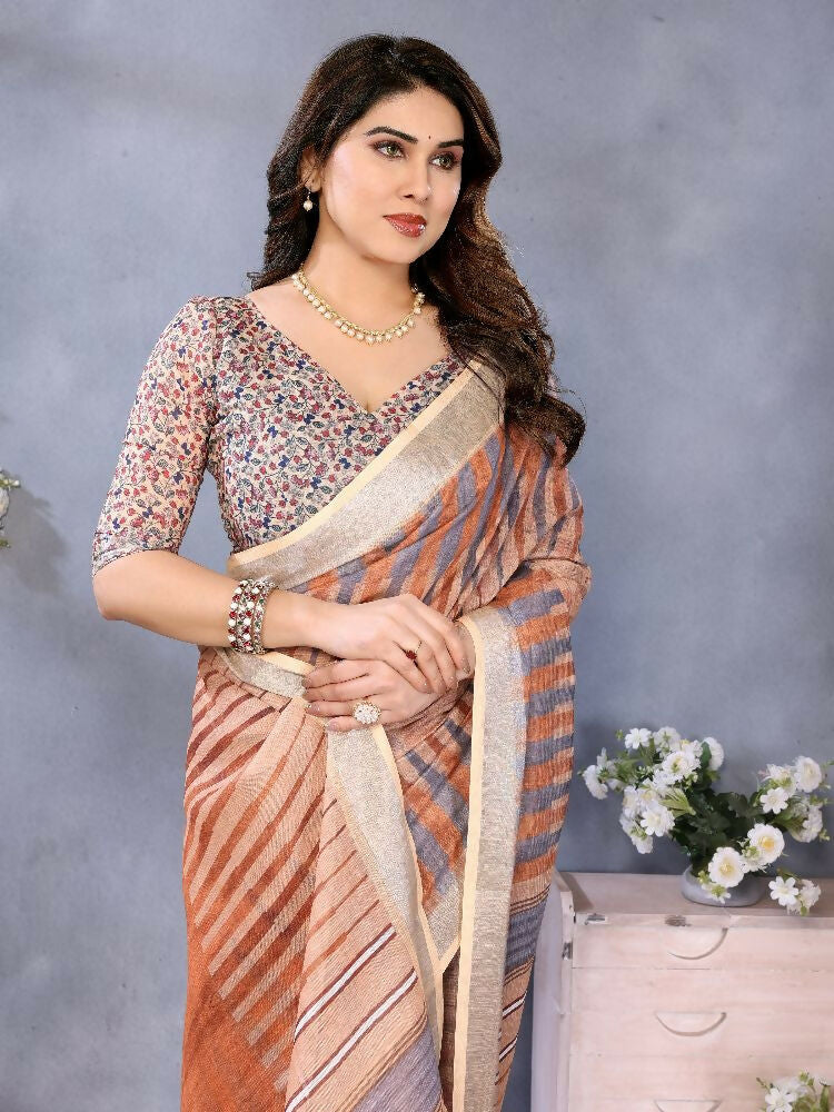 PR Fashion Brown Handloom Linen Cotton Saree