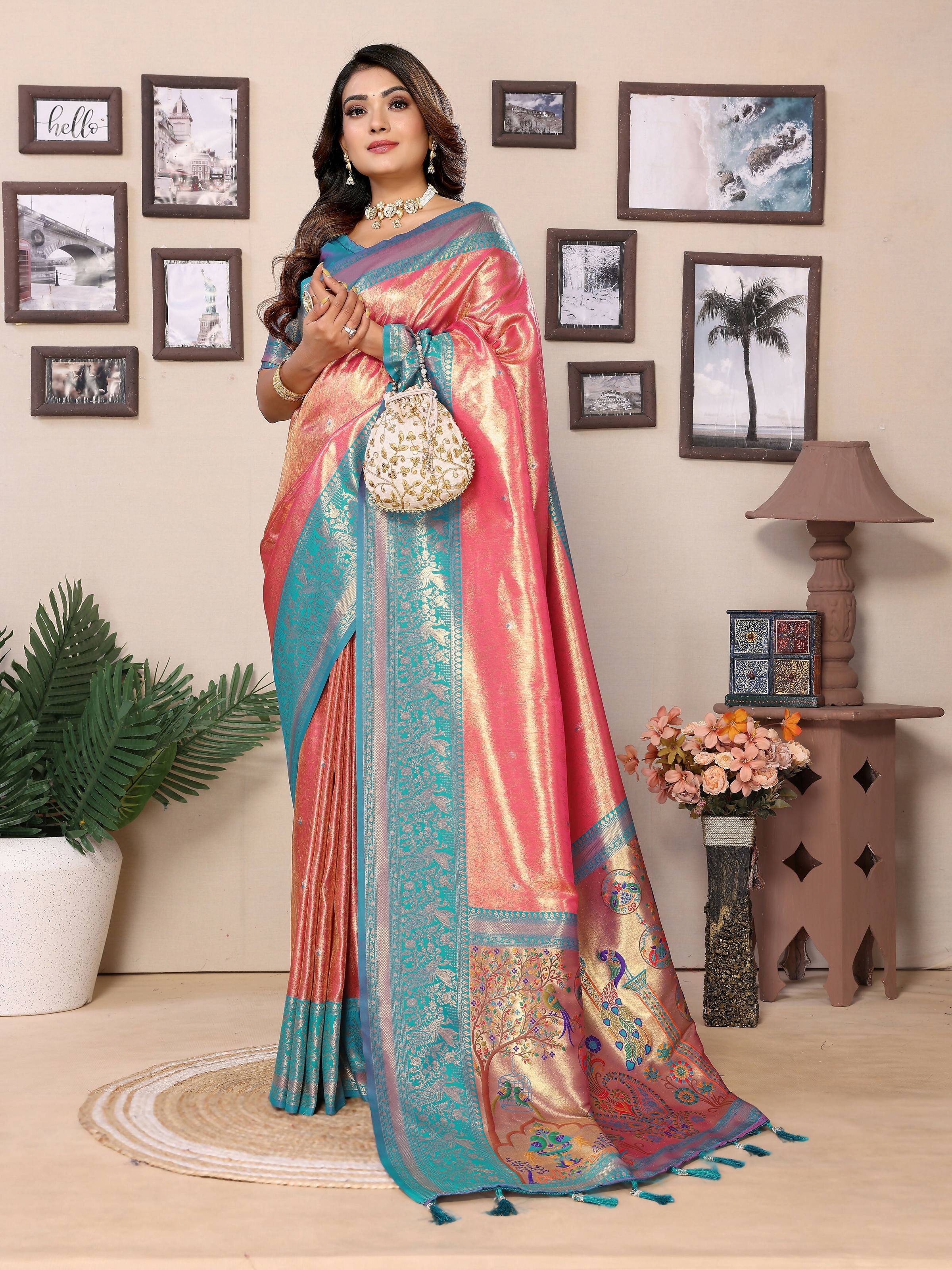 Aastha Fashion Pink Tissue Silk Weaving Saree - Distacart