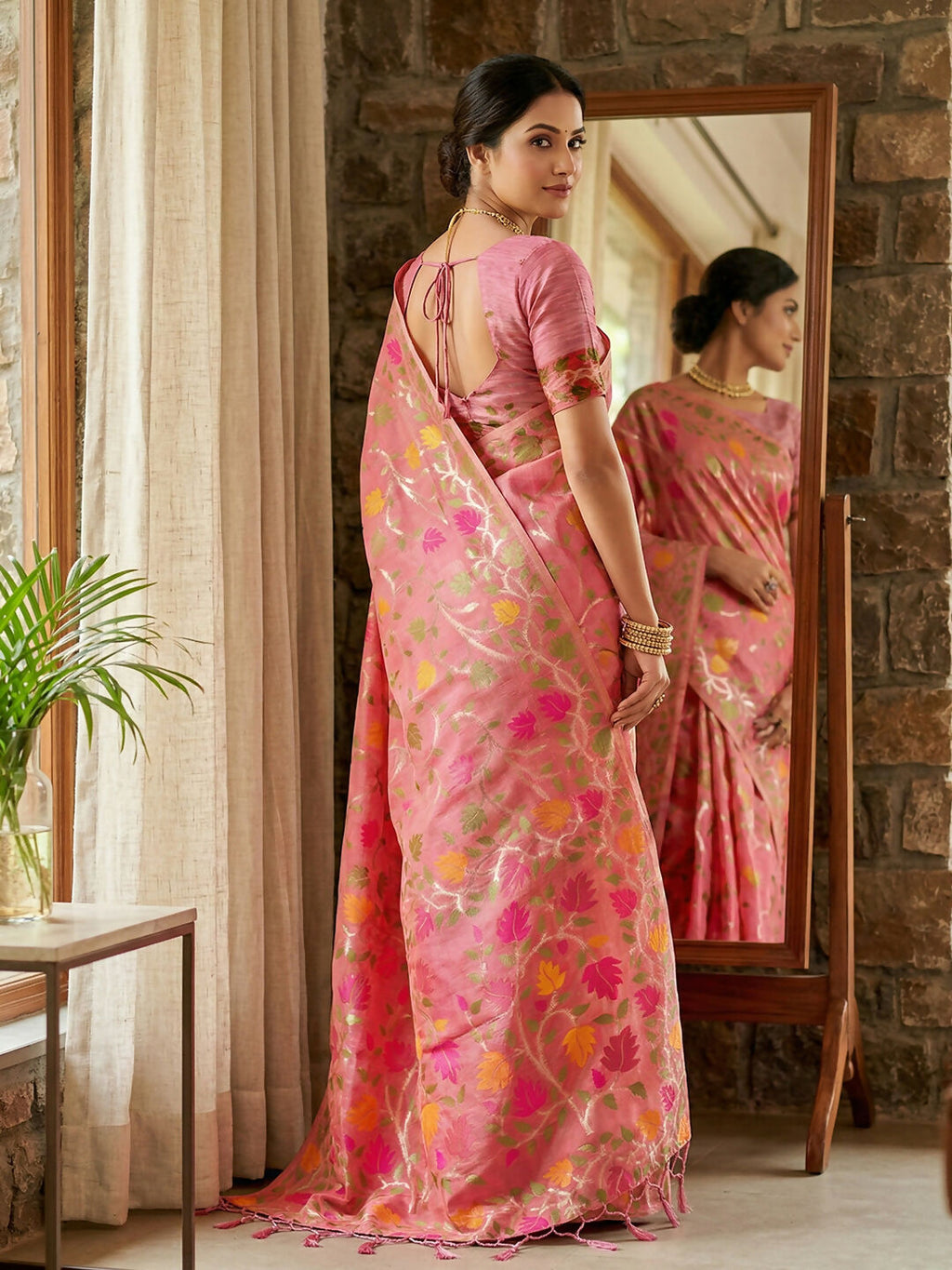 Shree Shyam Fashion Pink Linen Cotton Saree - Distacart