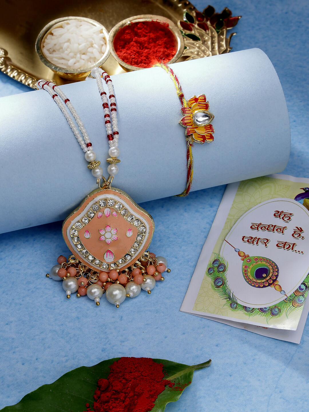 NVR Women & Men Set of 2 Peach Lotus Shape Kundan Stone-Studded & Beaded Bhaiya Bhabhi Rakhi With Roli Chawal - Distacart