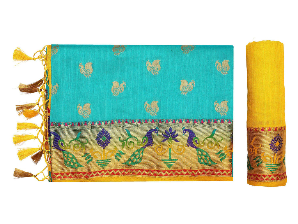 Mimosa Women's Turquoise Kanchipuram Silk Saree - Distacart