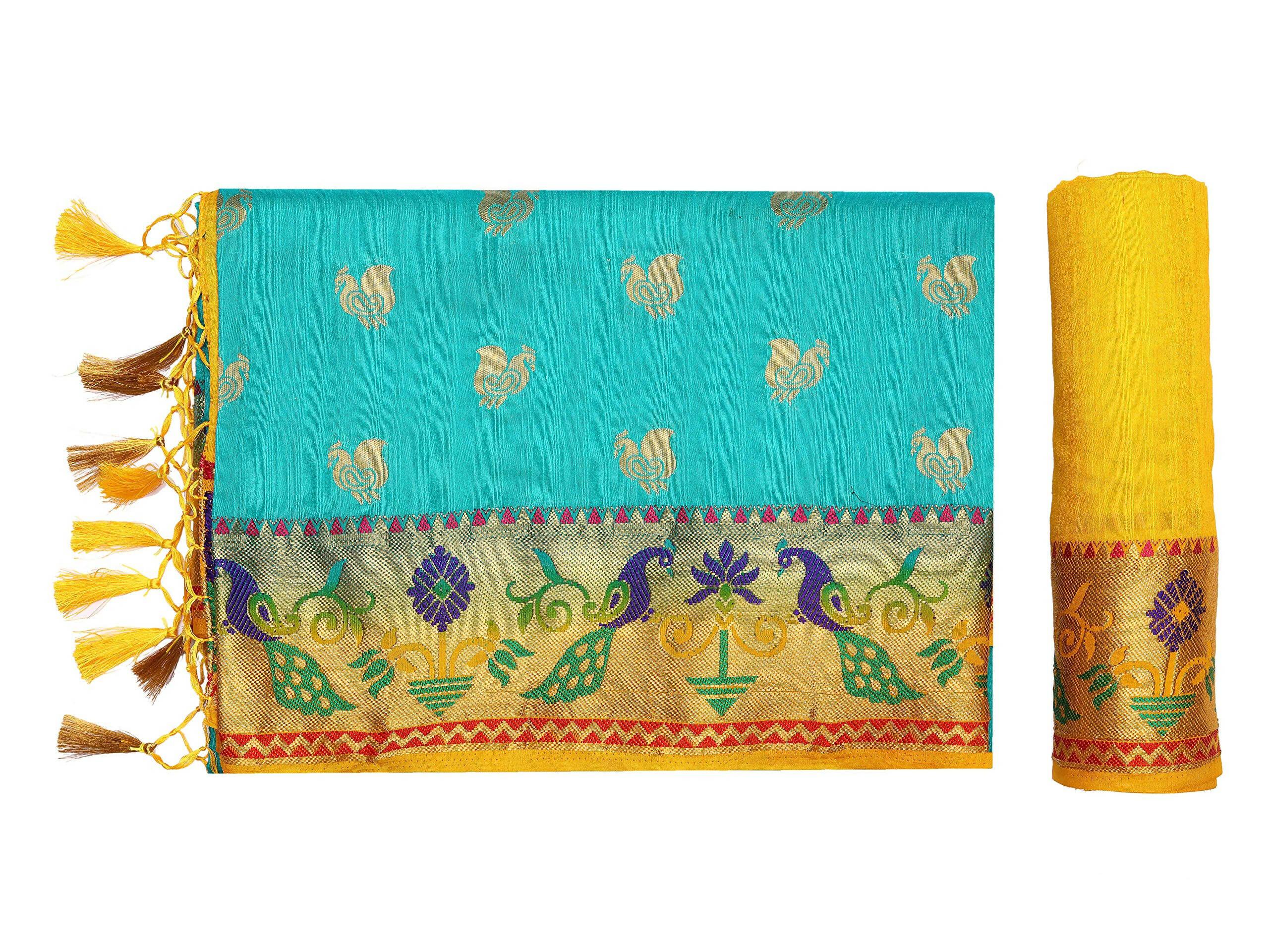 Mimosa Women's Turquoise Kanchipuram Silk Saree - Distacart