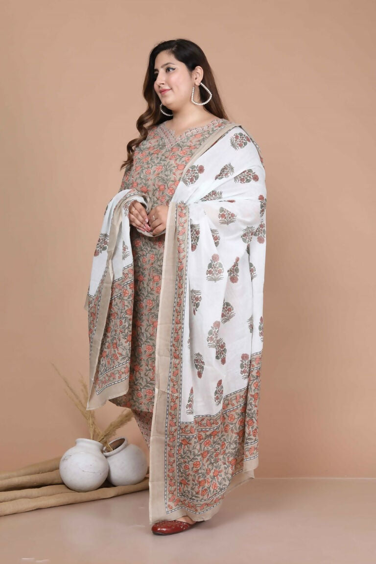 Miravan Women's Plus Size Brown Floral Printed Gotta Patti Pure Cotton Kurta With Palazzo And Dupatta Set
