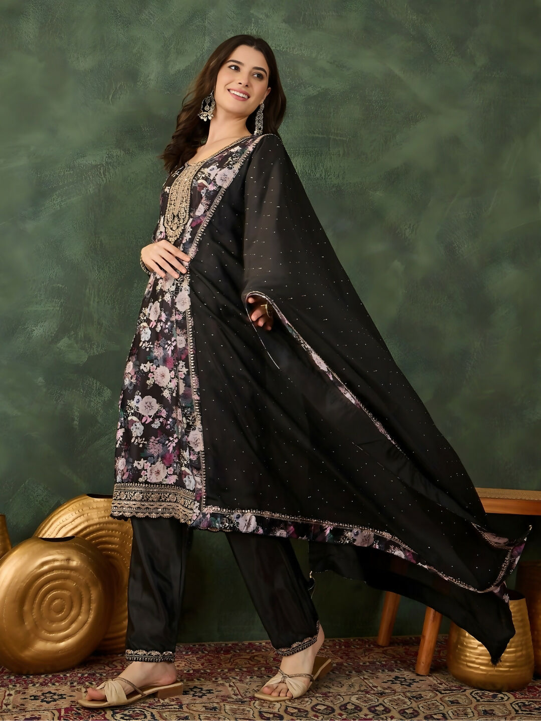 The52 Women's Beautiful Embroidery Work Chinon silk Fabric Straight Kurta Pant and Dupatta Set - Distacart