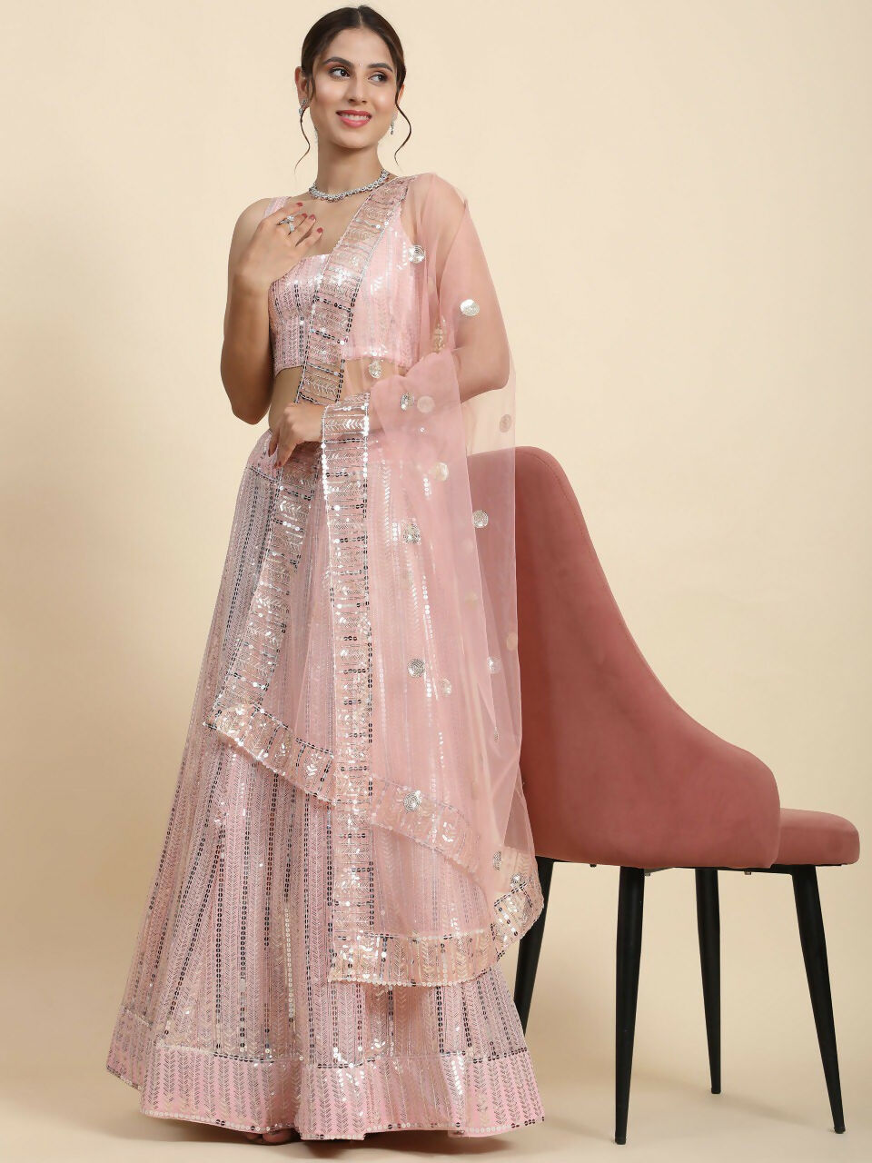 Jyoti Fashion Premium Pink Faux Georgette 3MM & 7MM Sequins Embroidery Lehenga Choli with Dupatta