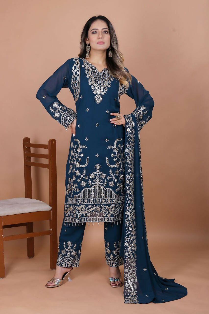 Teeya Creation Blue Faux Georgette Embroidery Work Salwar Suit - Distacart