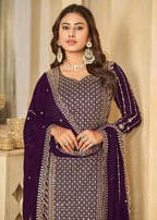 Mesmeric Purple Faux Georgette Palazzo Suit with Embroidery - Emponline