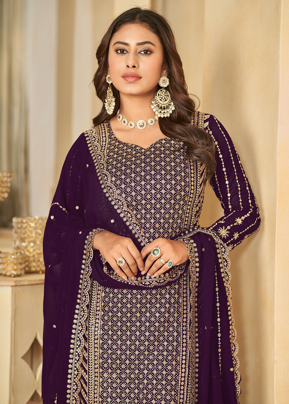 Mesmeric Purple Faux Georgette Palazzo Suit with Embroidery - Emponline