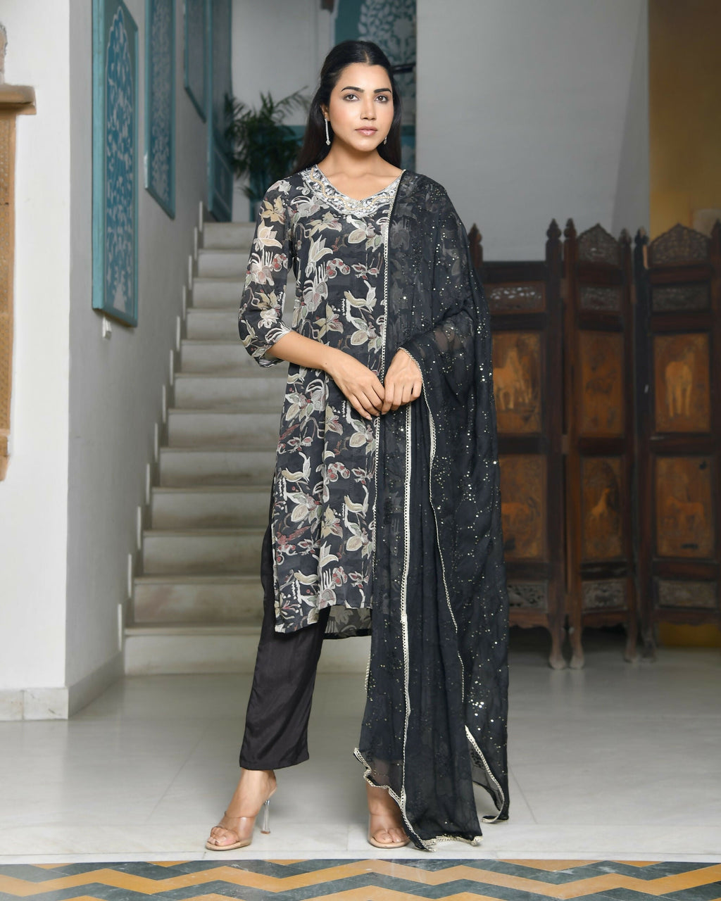 Vaasva Women's Black Crepe Embroidered Suit Set