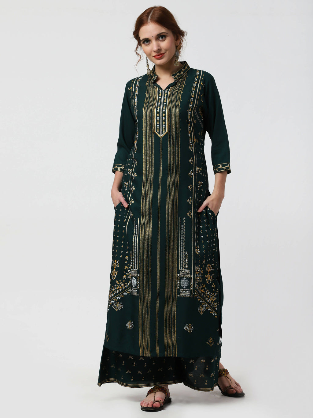 Cheera Embellished Daily Wear Cotton Blend Kurta With Palazoo - Bottle Green