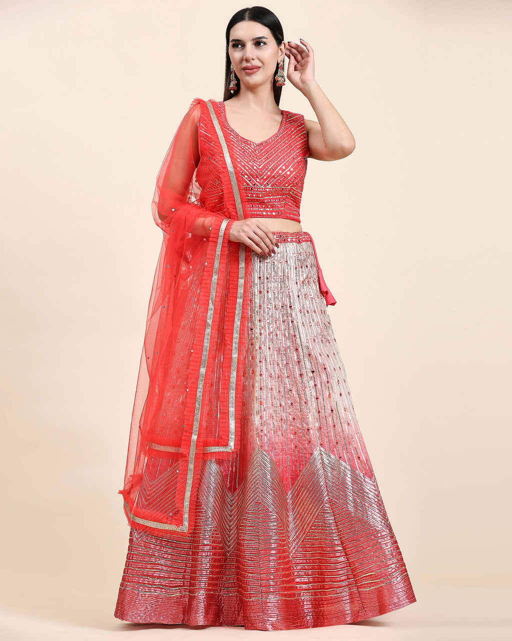 Red Organza Mirror With Coding Work Lehenga Choli with Dupatta - Tanya