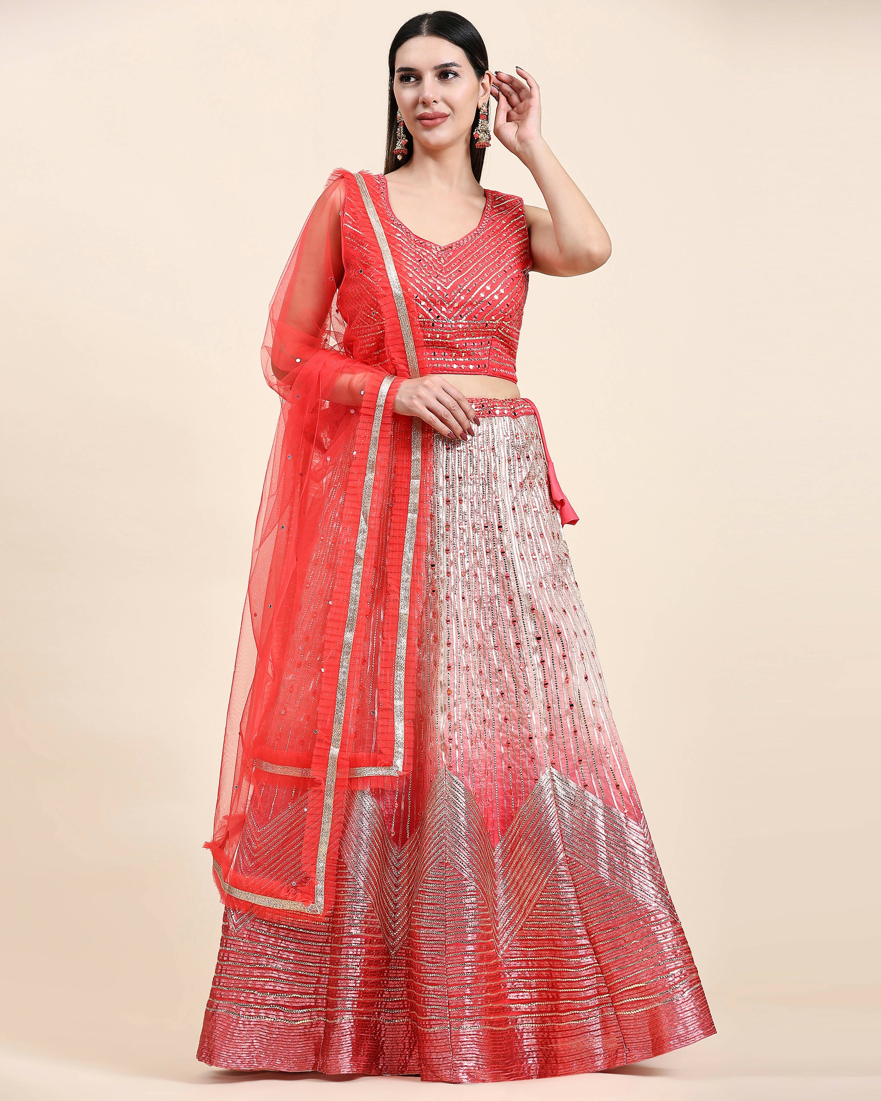 Red Organza Mirror With Coding Work Lehenga Choli with Dupatta - Tanya